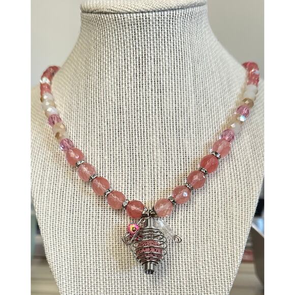 Hand Crafted Jewelry - Rose quartz beaded necklace with stainless locket for beads - perfumed ball